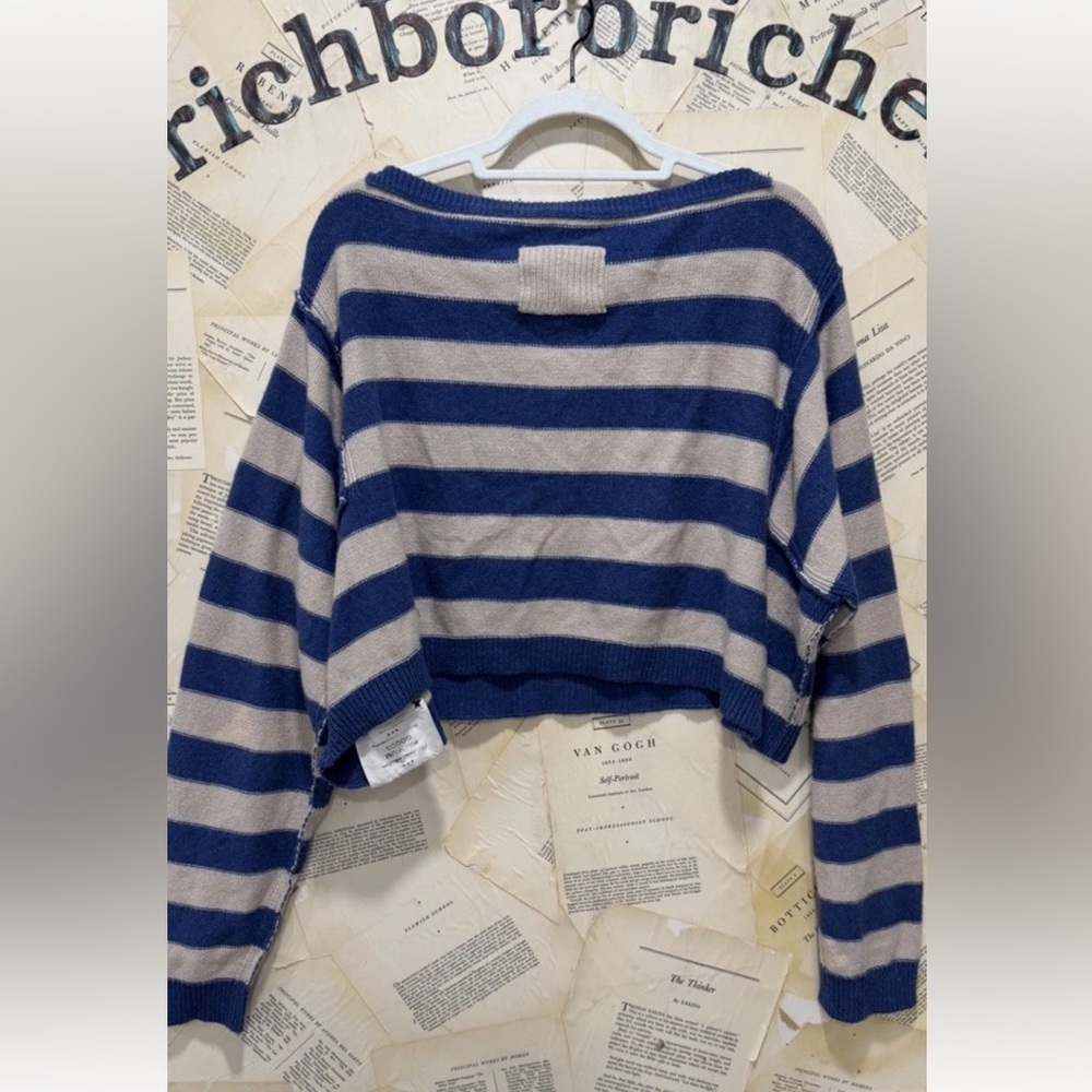 Free People Into The Blue Pullover Cropped We The Free Blue Ivory Combo - Picture 6 of 6